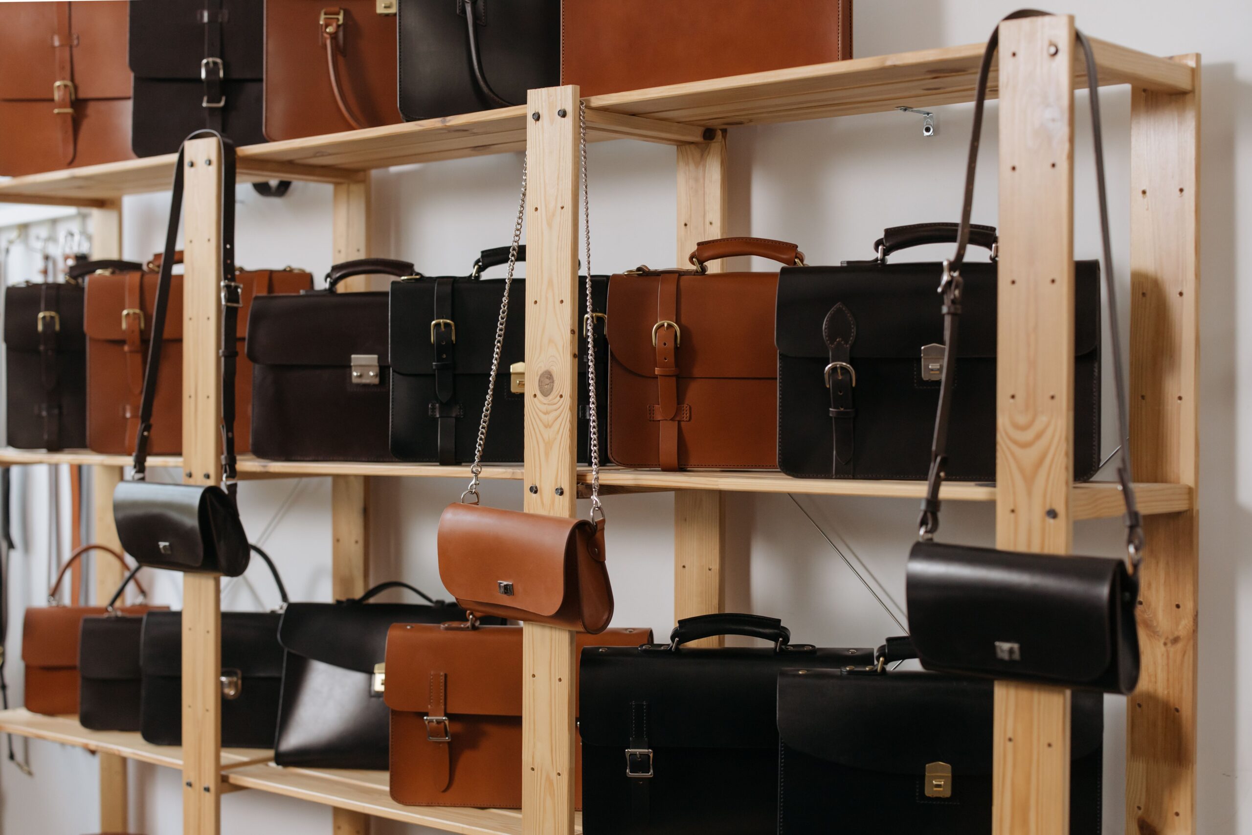 A row of brown and black leather briefcases displayed on wooden shelves in a workshop