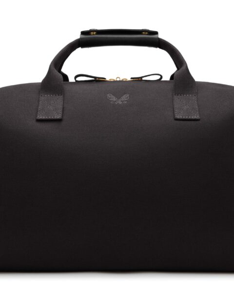 Bennett Winch Weekender holdall in black waterproof canvas with leather trim and brass hardware